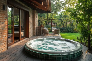 Jacuzzi with green tiles on patio. Round pool on a wooden terrace. Green lawn