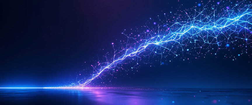 Abstract single glowing dark blue gradient line strick down from right top and on the edge of down line broken and creating shimmering glowing particles in pink purple and dark blue background, minima