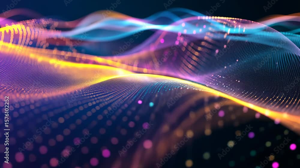 Poster abstract wave with moving dots and lines, flow of particles, in the style of modern digital art