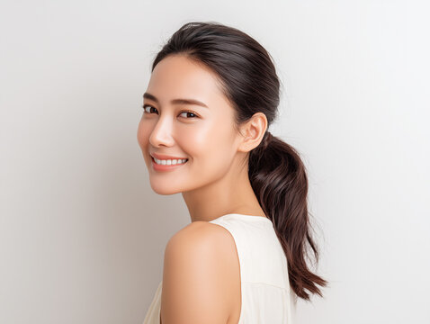 髪を縛った美肌の日本人人女性の振り向きざまの笑顔