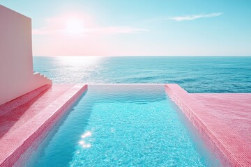 Pink swimming pool. Swimming pool with sea view. Colored tiles on terrace