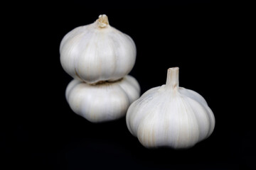 Fresh garlic isolated. Big garlic on black background. White garlic bulb composition. Full depth of...