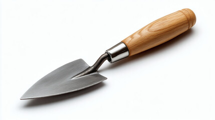 Fototapeta premium A trowel with a wooden handle is ready for gardening tasks on a white background.