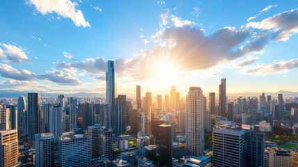 Obraz premium Vibrant City Skyline at Sunrise with Dramatic Clouds Above