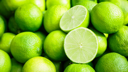 Natural fresh lime cut in half with many whole lime fruits , food background texture.