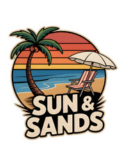 Tropical beach scene with palm tree chair and umbrella isolated on transparent background