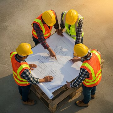 A high-angle, top-down shot captures a collaborative scene at a construction site, where four individuals, presumably engineers or supervisors, are gathered around a large