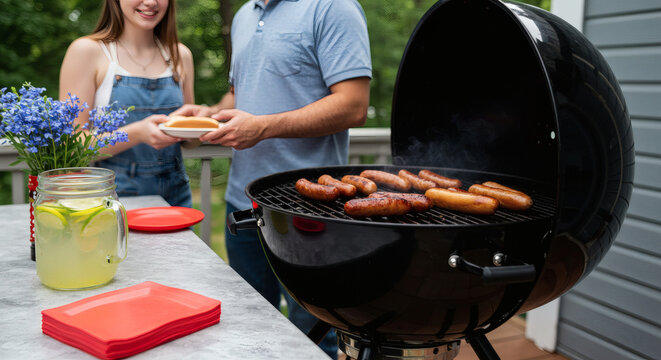 A couple enjoys a barbecue, grilling sausages on a sunny summer day. - Powered by Adobe