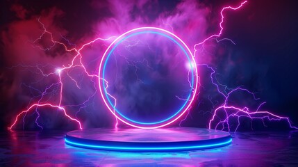 Futuristic neon circle portal on a glowing stage, surrounded by purple and pink electric lightning.
