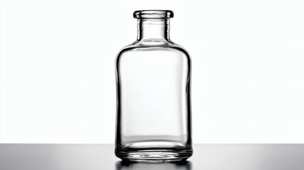 A minimalist studio shot of an empty, clear glass bottle on a reflective surface.