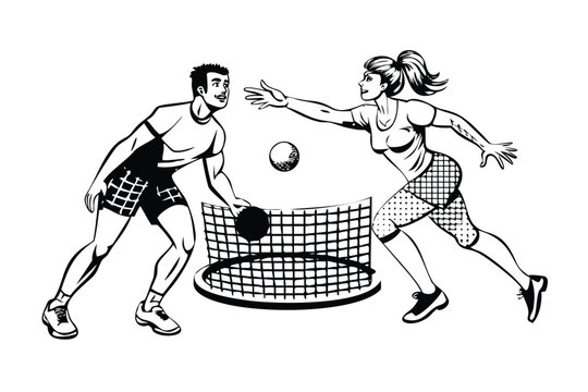 Man and Woman Playing Spikeball in Pop Art Comic Style. Retro Vector Beach Game Illustration