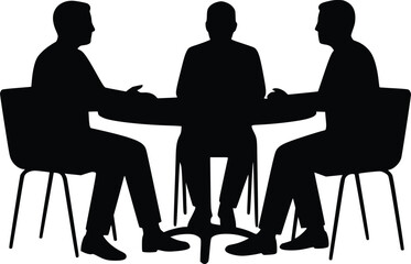 Silhouette showing three suited individuals around a table in a formal meeting or collaborative discussion