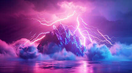 A powerful lightning bolt strikes a futuristic round platform, glowing with blue and pink neon lights.