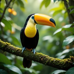 Fototapeta premium Vibrant Toucan in Lush Rainforest: A Close-Up of an Exotic Bird with a Large Yellow Beak and Vivid Plumage Perched on a Mossy Branch