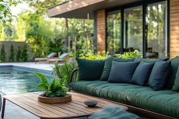 Green garden sofa by pool. Backyard pool. Sofa and table