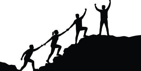 Silhouette of people supporting each other while climbing a steep hill, symbolizing success and unity