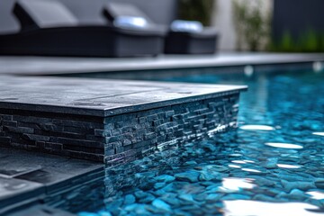 Black stones around pool. Pool with blue water and black tiles.