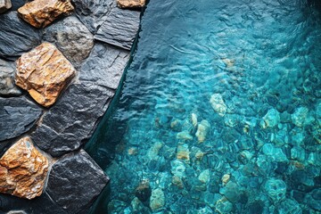 Black stones around pool. Pool with blue water and black tiles.