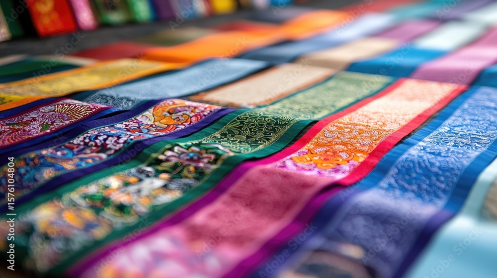 Poster colorful textile patterns displayed in a craft studio environment