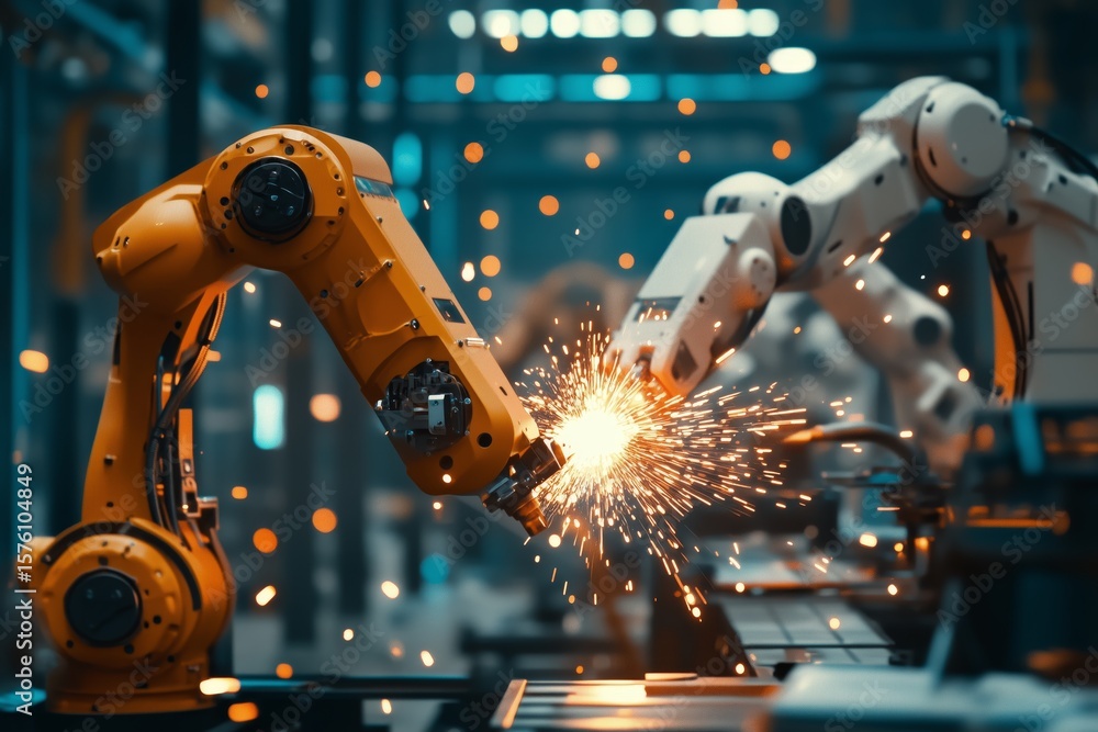 Poster automated machines performing welding tasks on an assembly line