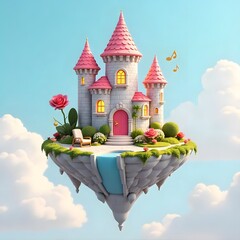 Floating fairy castle with pink roof design high resolution photo