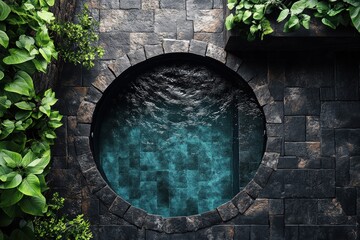 Black stones around pool. Round pool with blue water and black tiles.