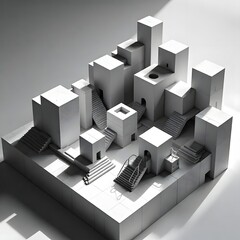 Futuristic staircase layout in white geometric cityscape high resolution photo
