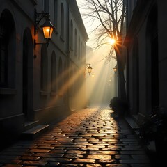 Golden sunbeams light narrow stone street high resolution photo
