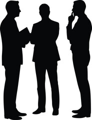 Fototapeta premium Silhouette showing three men in suits engaged in thoughtful conversation and professional interaction