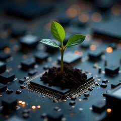 Green technology seed sprouting from processor high resolution photo