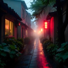 Narrow street illuminated with red neon signs high resolution photo