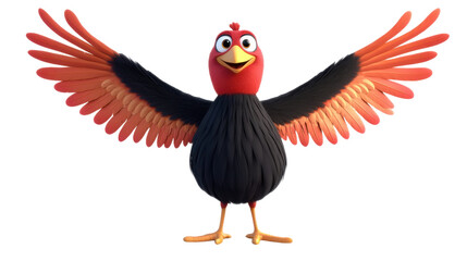 Obraz premium Cheerful cartoon turkey spreading its colorful wings wide, standing proudly on a transparent background, symbolizing festive holiday spirit, Thanksgiving joy, and seasonal celebration vibes