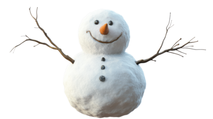 Cheerful snowman with a carrot nose, twig arms, coal eyes, and a joyful smile, isolated on white background, perfect for winter themes, holiday cards, seasonal decorations, and illustrations