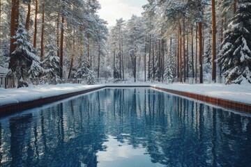Warm swimming pool in winter. Swimming pool against backdrop of tall trees with snow.
