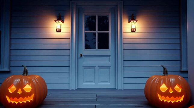 Spooky Halloween scene featuring carved pumpkins, a doorway, and illuminated lamps. The scene evokes an atmosphere of fun and anticipation for trick-or-treating.