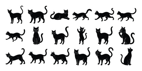 Collection of Black Cat Silhouettes in Various Poses on White Background