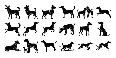 Collection of Dog Silhouettes in Various Poses and Styles on White