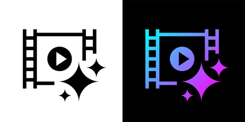 Two vector buttons related to video generation by artificial intelligence, generative content service. Symbols for website or app UI, logo design, illustration