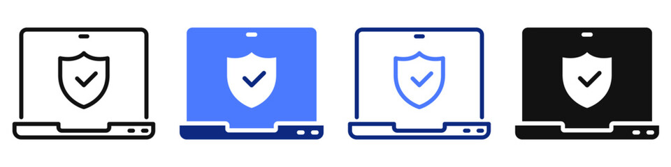 Vector icon or logo of laptop with shield related to cybersecurity, password and personal data protection. Symbols for website or app UI, logo design, illustration