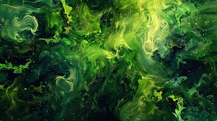 Green abstract painting with fluid swirls, gold highlights, and organic textures. Vibrant and dynamic.
