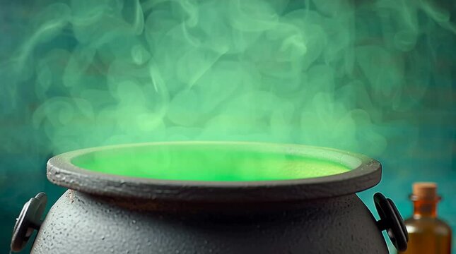 a steaming cauldron with a green liquid, exuding mystical vibes