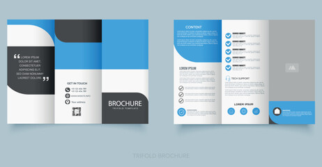 Blue and black trifold brochure template with geometric minimalist shapes. Suitable for business and IT companies.
