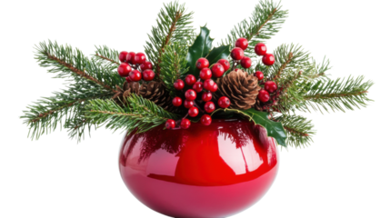 Christmas tree with red balls and festive decorations on white background