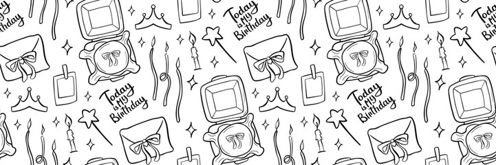 Trendy birthday doodle pattern with bento cake, candle, crown, wand and cute typography. Great for kid decor, packaging and invitations. Stylish girly outline vector doodle in modern pink tones.