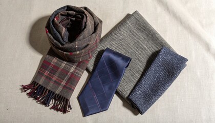 上質な素材で作られた、秋らしい色合いの男性用ファッション小物です。落ち着いたチェック柄のウールスカーフは、フリンジがアクセントになっています。深いネイビーブルーのシルクネクタイは、さりげない光沢が上品さを醸し出しています。グレーのウール生地と、細かい織柄のネイビーのポケットチーフが、全体のコーディネートを引き締めます。洗練された大人の男性を演出する、シックで落ち着いた雰囲気のアイテムたちです。