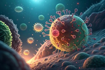 Spherical virus particles with spikes and cellular structures microscopic biology