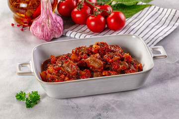 Roasted chicken hearts with vegetables