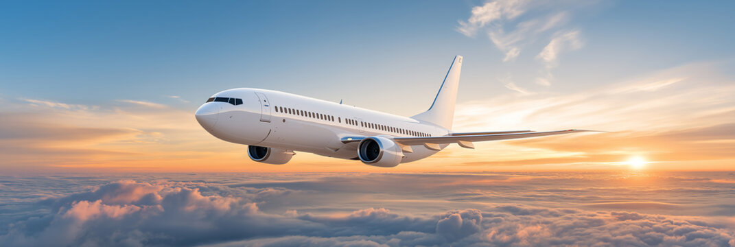 Commercial airplane flying above thick layer of white clouds during golden hour sunset. Dramatic sky with warm orange sun and blue gradient, peaceful aviation scene, wide panoramic,view.