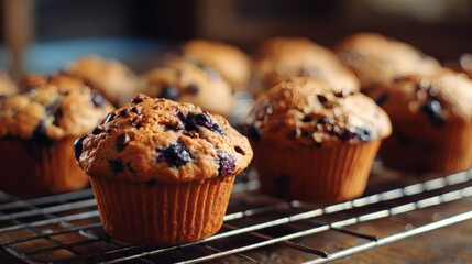 Delicious blueberry muffins, freshly baked and ready to enjoy.