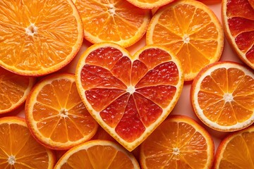 Sliced oranges and blood orange heart citrus fruit image